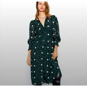 Zara Emerald Green Sheer Textured Polka Dot Dress‎ Medium Limited Edition
